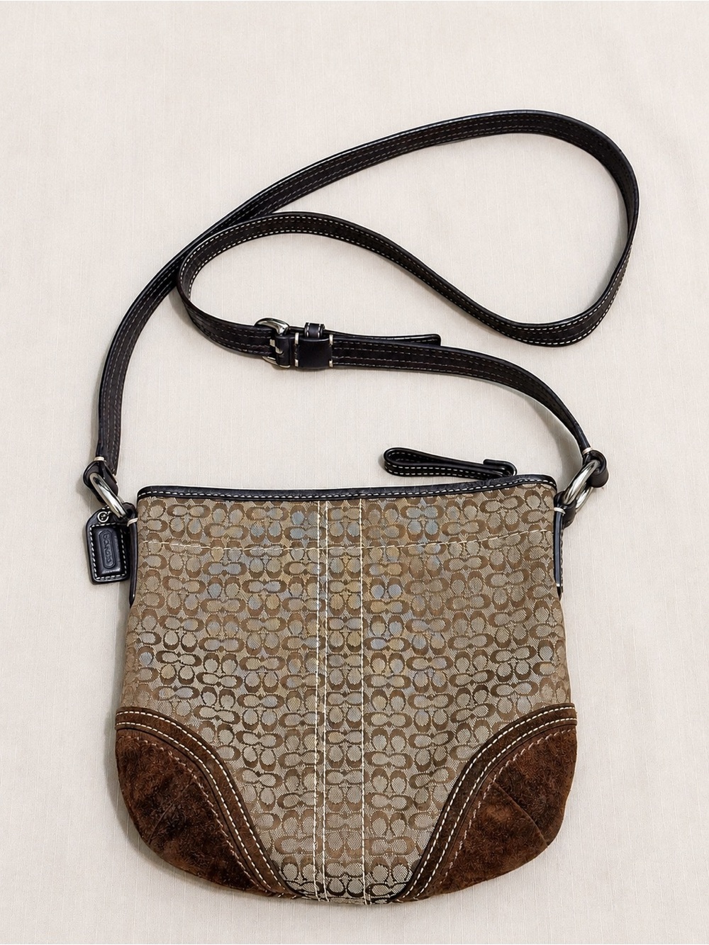 Coach Signature Jacquard Suede Crossbody Bag Brown